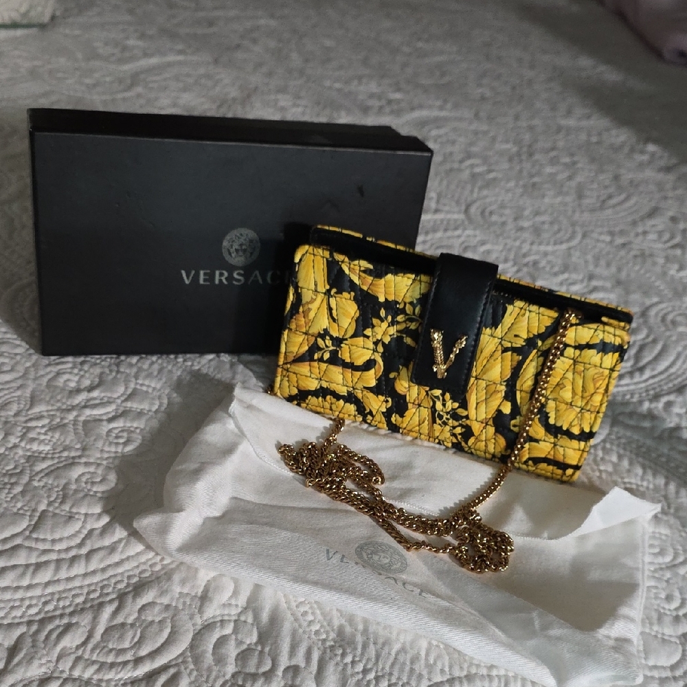 Versace Black and Yellow Clutch with Gold Chain